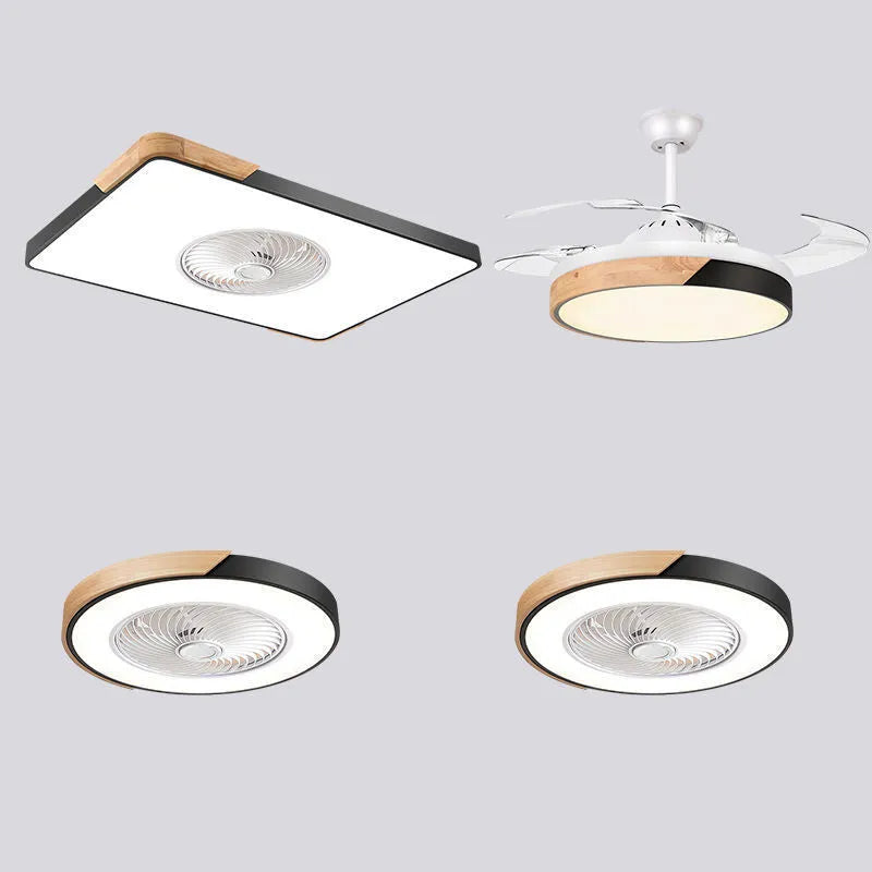 Nordic ceiling fan with integrated light fixture showing solid wood construction and PVC lampshade