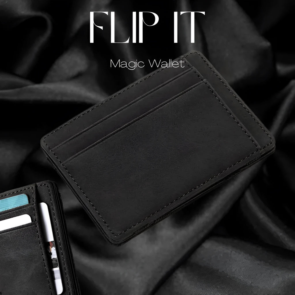 PU creative magic wallet showing flip card holder and zipper coin purse in solid colour with sewing line detailing