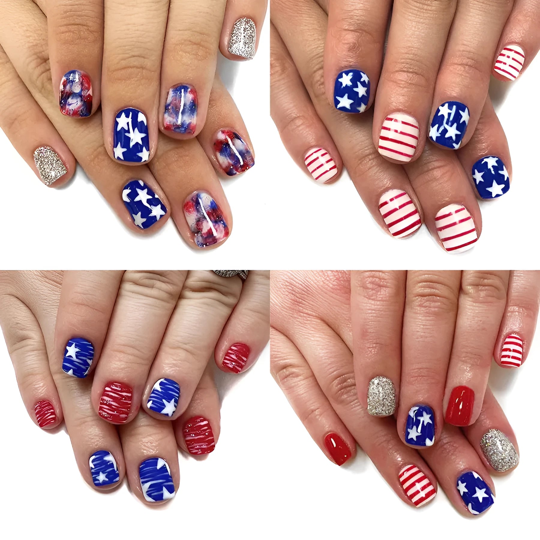 Finished glitter nail tips with red and blue multicolor combinations in European square short style