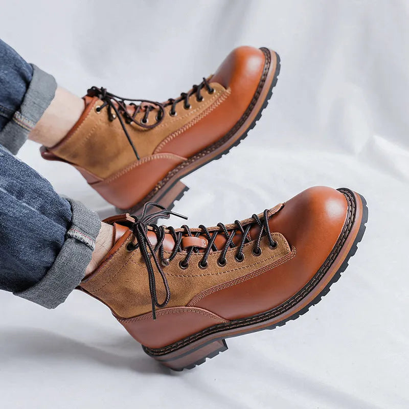 Men's brown tooling platform leather boots with lace-up closure and platform sole