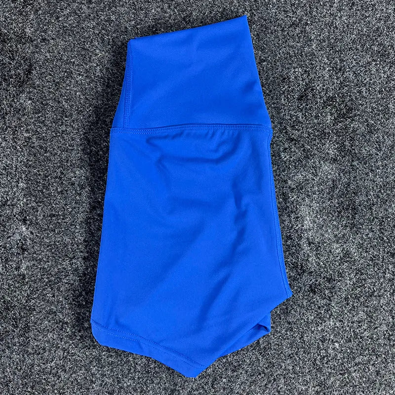 Ladies high waist yoga shorts in nylon fabric, shown in multiple colour options.