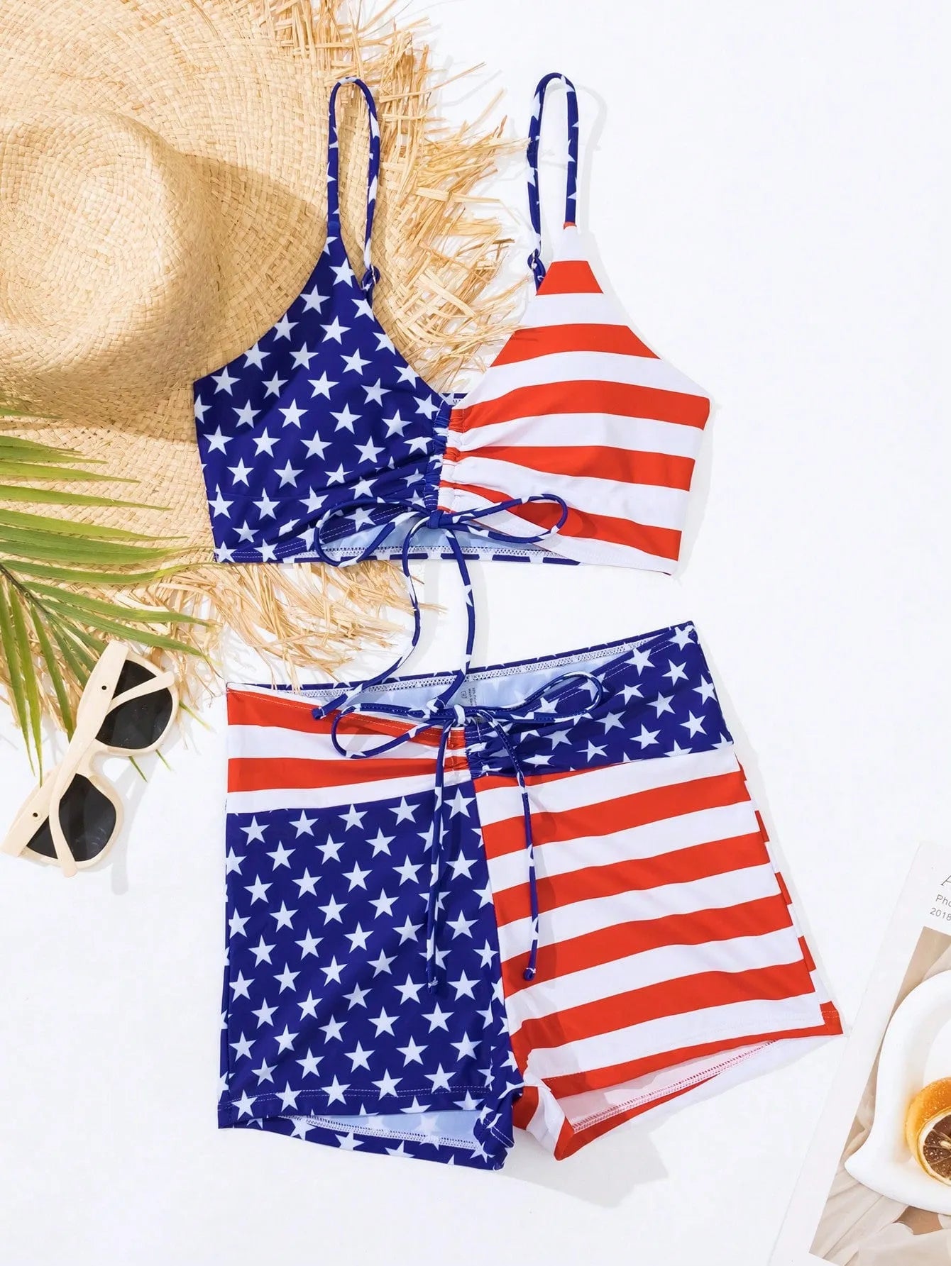 Women's high waist boxer swimsuit with Stars and Stripes pattern and a drawstring waistband.
