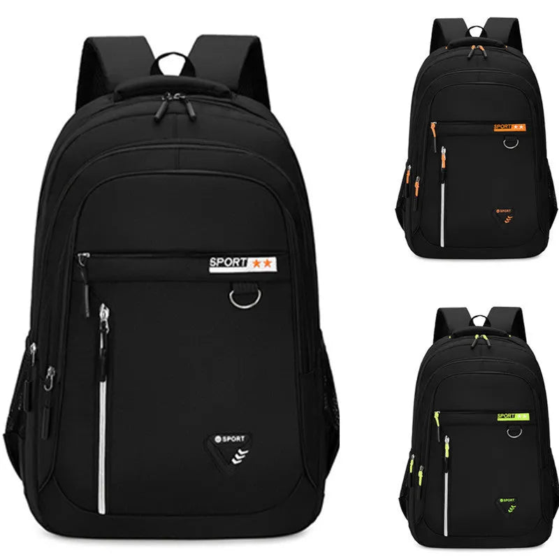 Men's Oxford cloth schoolbag in black with letter pattern, showing large capacity and air pillow shoulder straps.