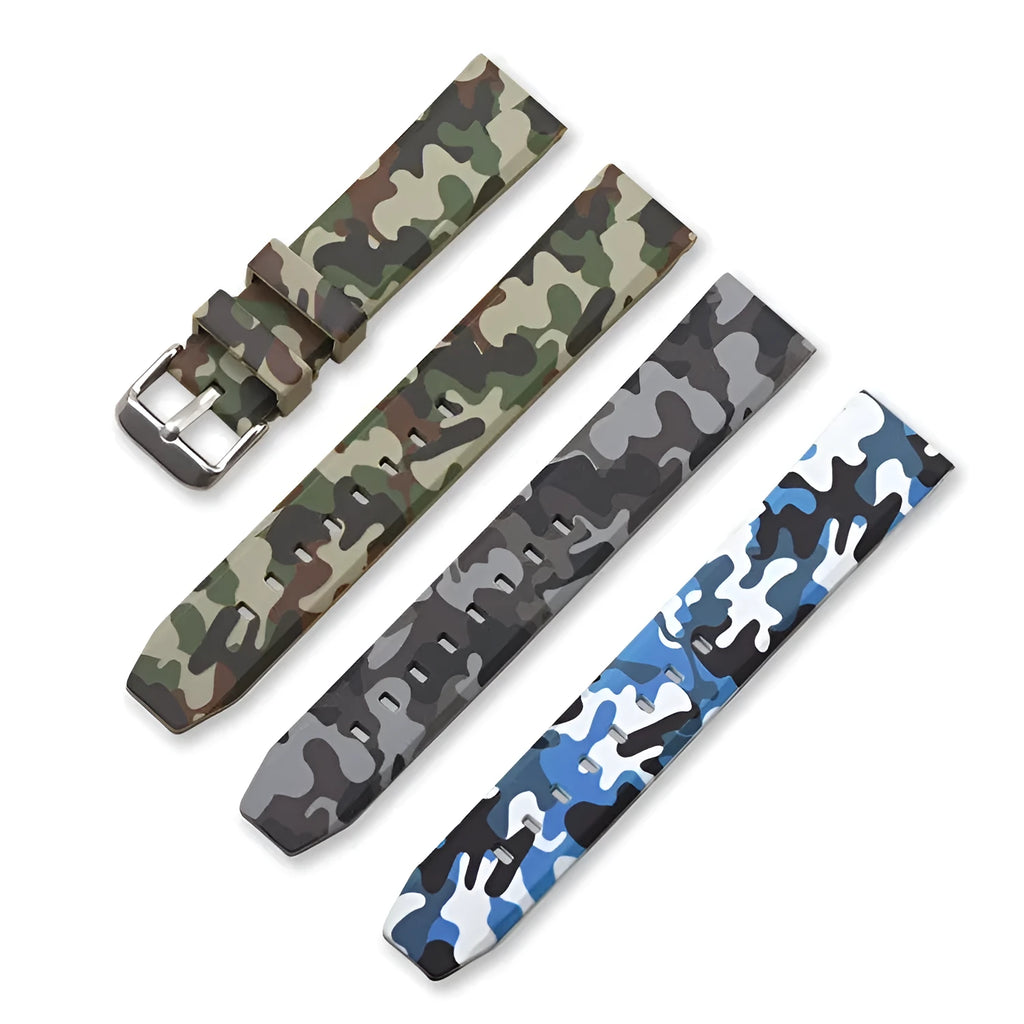 Green camouflage silicone watch strap with flat head design shown alongside blue and gray versions.