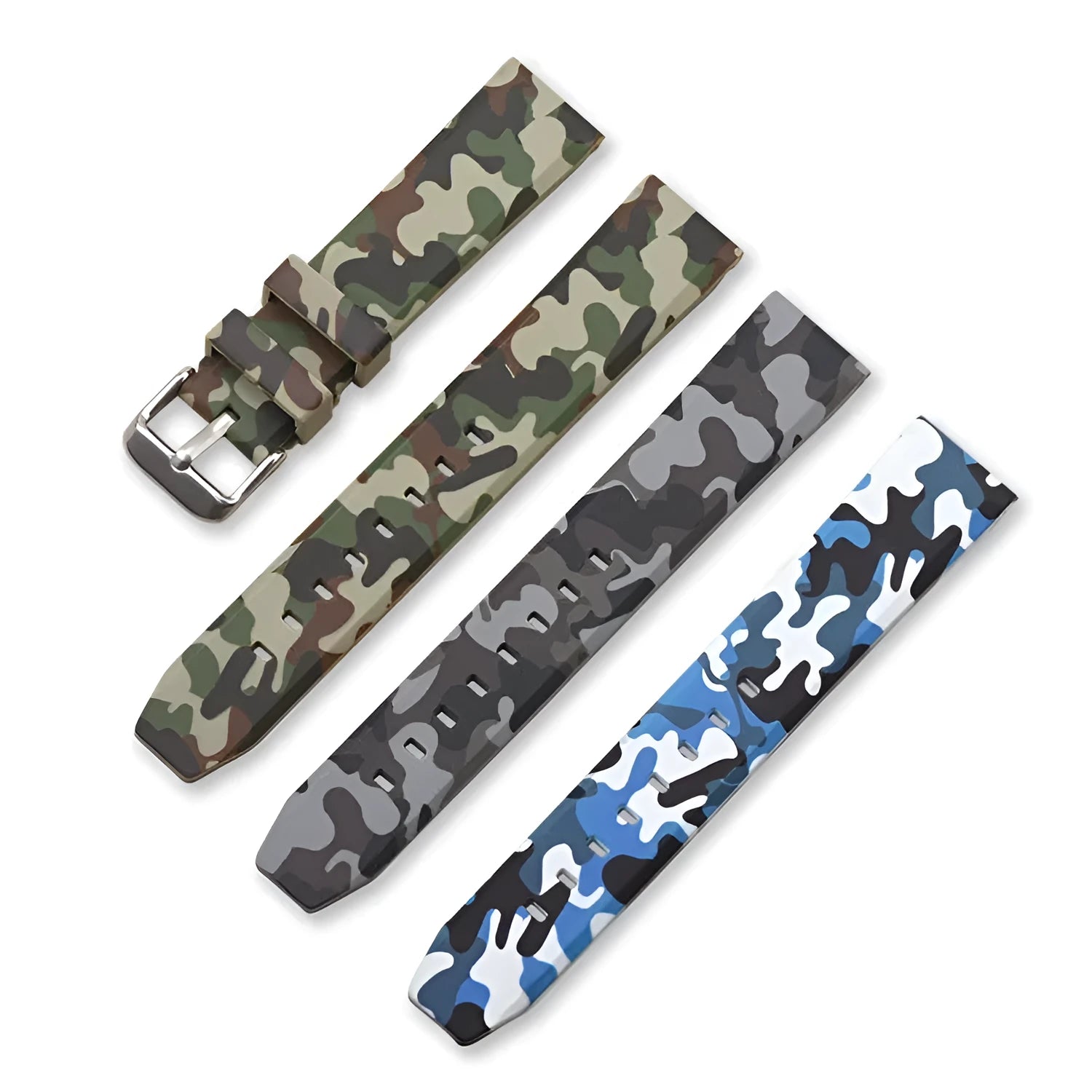 Green camouflage silicone watch strap with flat head design shown alongside blue and gray versions.