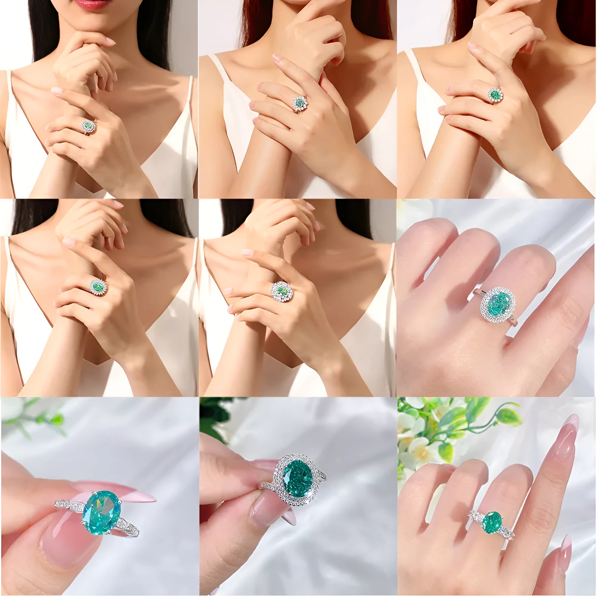 S925 sterling silver women's ring with a green emerald in a Palaibahao design and an inlaid high-carbon diamond on a geometric ellipse band.