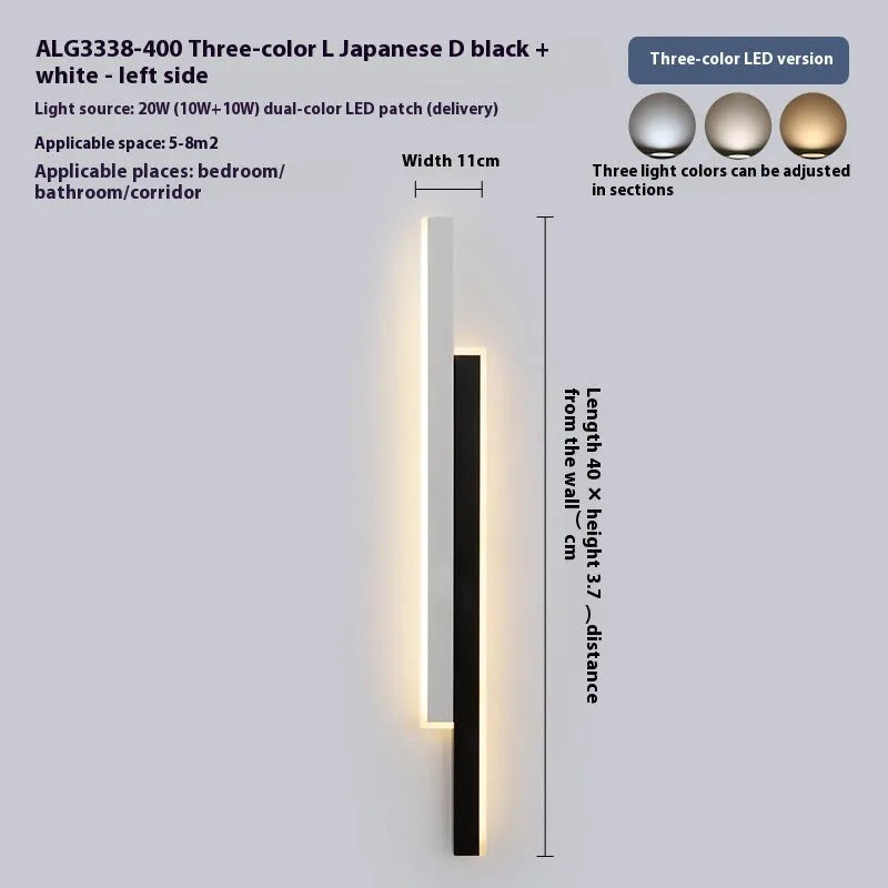 Black and white modern bedside wall lamp with strip lighting and grid-free design