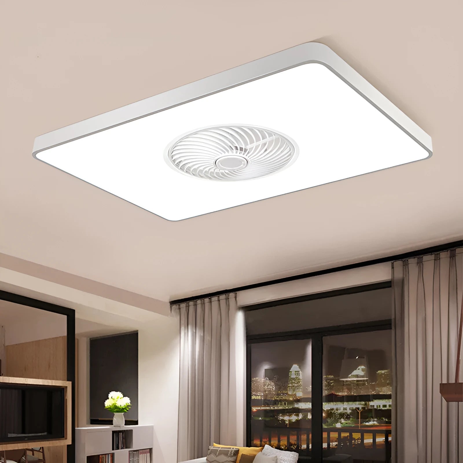 Nordic ceiling fan with integrated light fixture showing solid wood construction and PVC lampshade