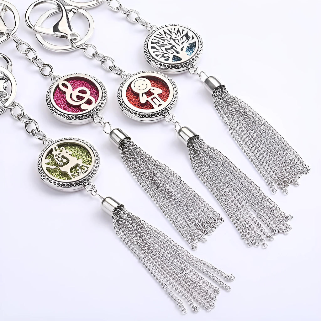 Alloy tassel aromatherapy car pendant with circular box design and chain for rear-view mirror