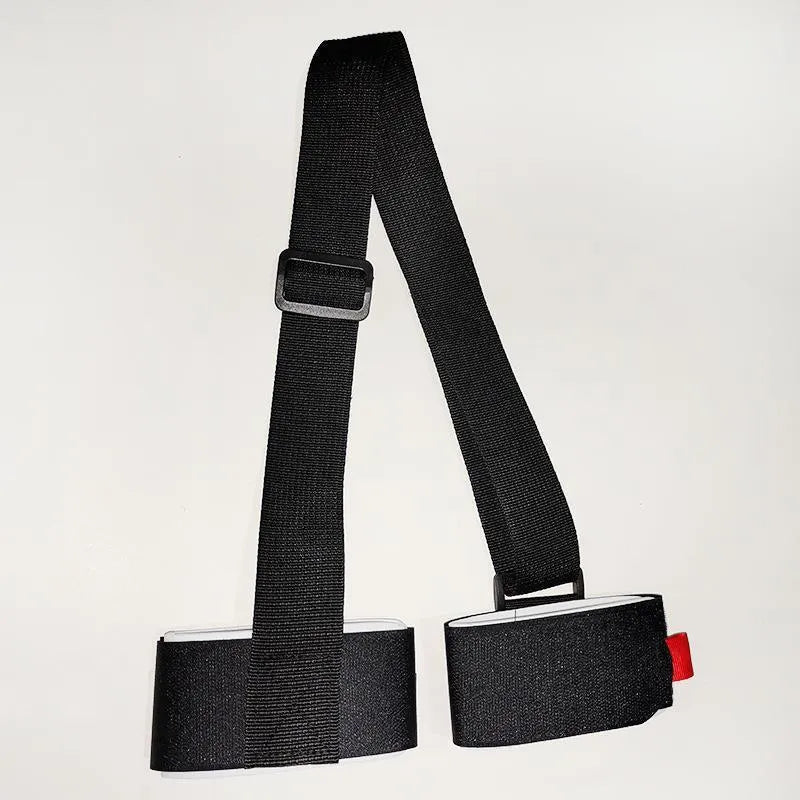 Black skiing bandage with adjustable shoulder strap and hook and loop fastening for equipment transport