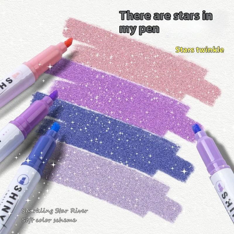 Four sparkling star river pastel highlighter pens with glitter ink and slanted tips on a white background