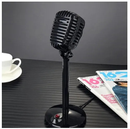 Black USB computer microphone with adjustable stand on weighted base for podcasting and voice recording
