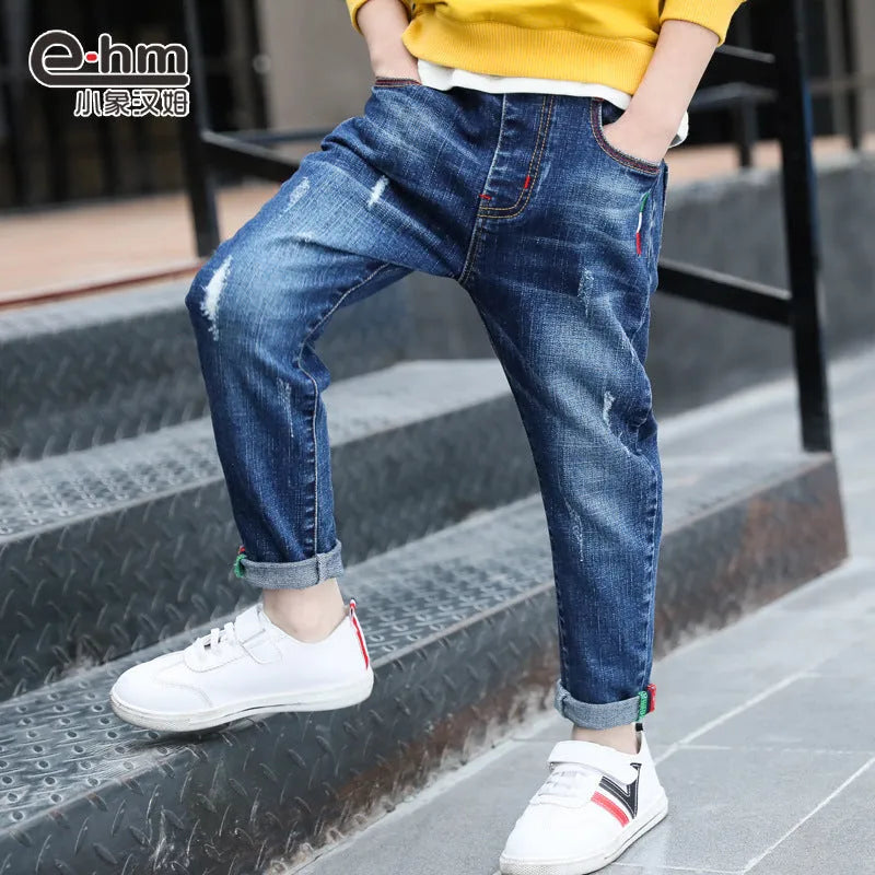 Boys' 95% cotton denim trousers mid waist blue size 140cm