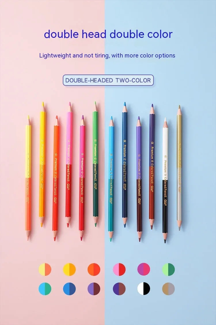 Set of wooden double-tipped colour pencils showing both the coloured lead end and the brush tip end.