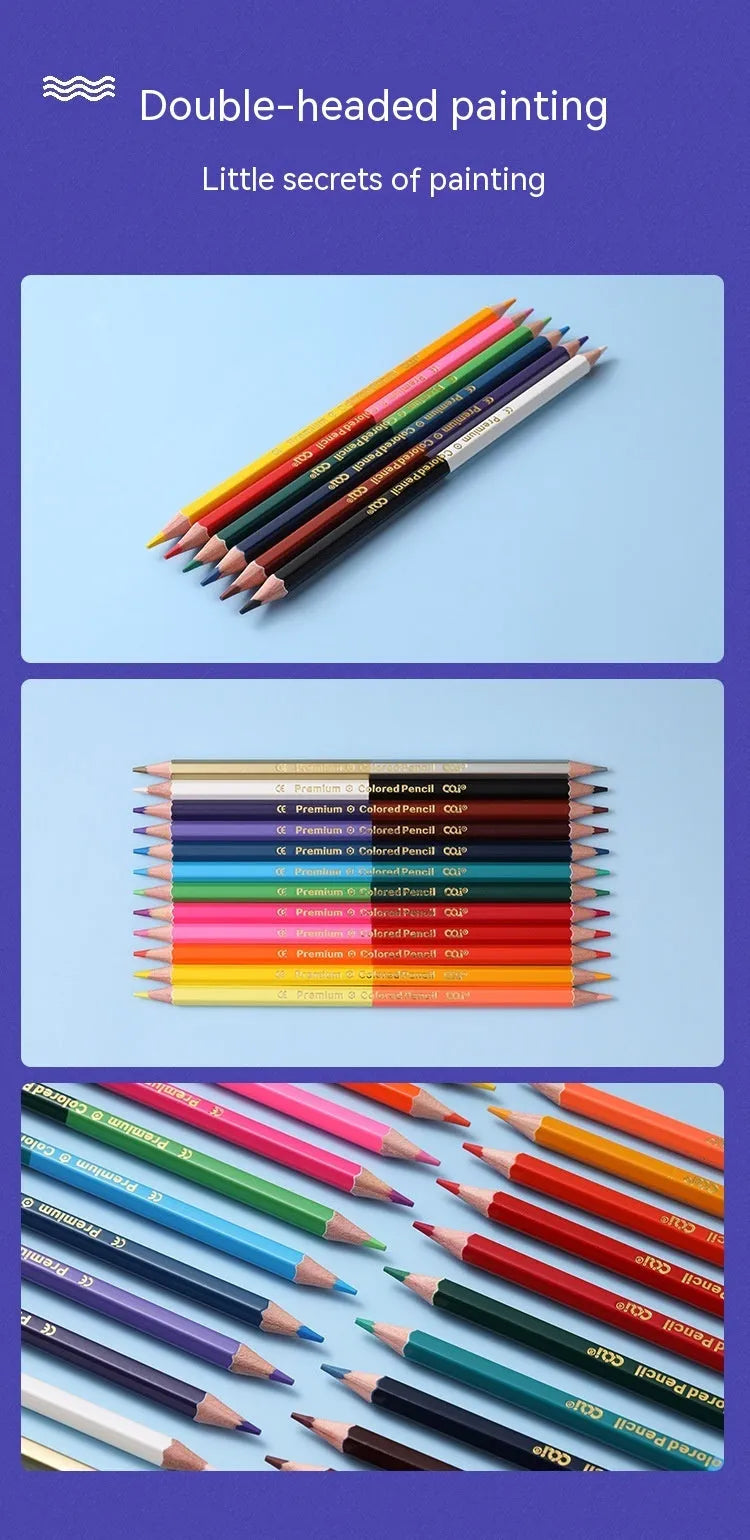 Set of wooden double-tipped colour pencils showing both the coloured lead end and the brush tip end.