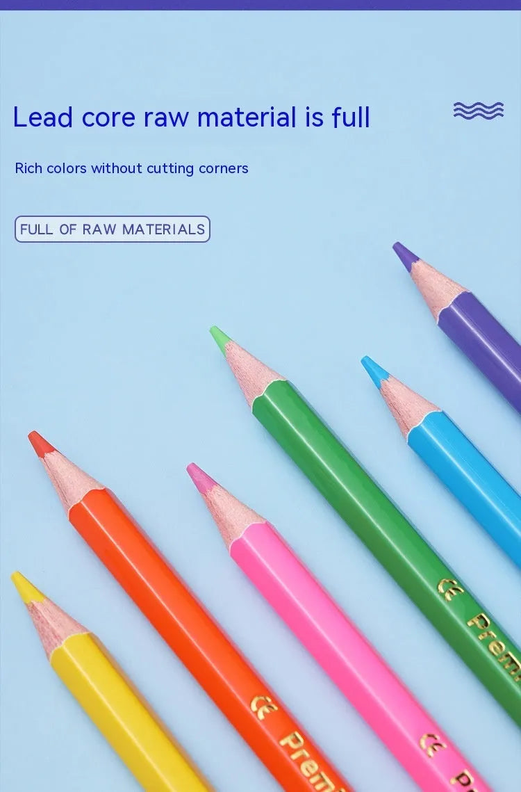 Set of wooden double-tipped colour pencils showing both the coloured lead end and the brush tip end.
