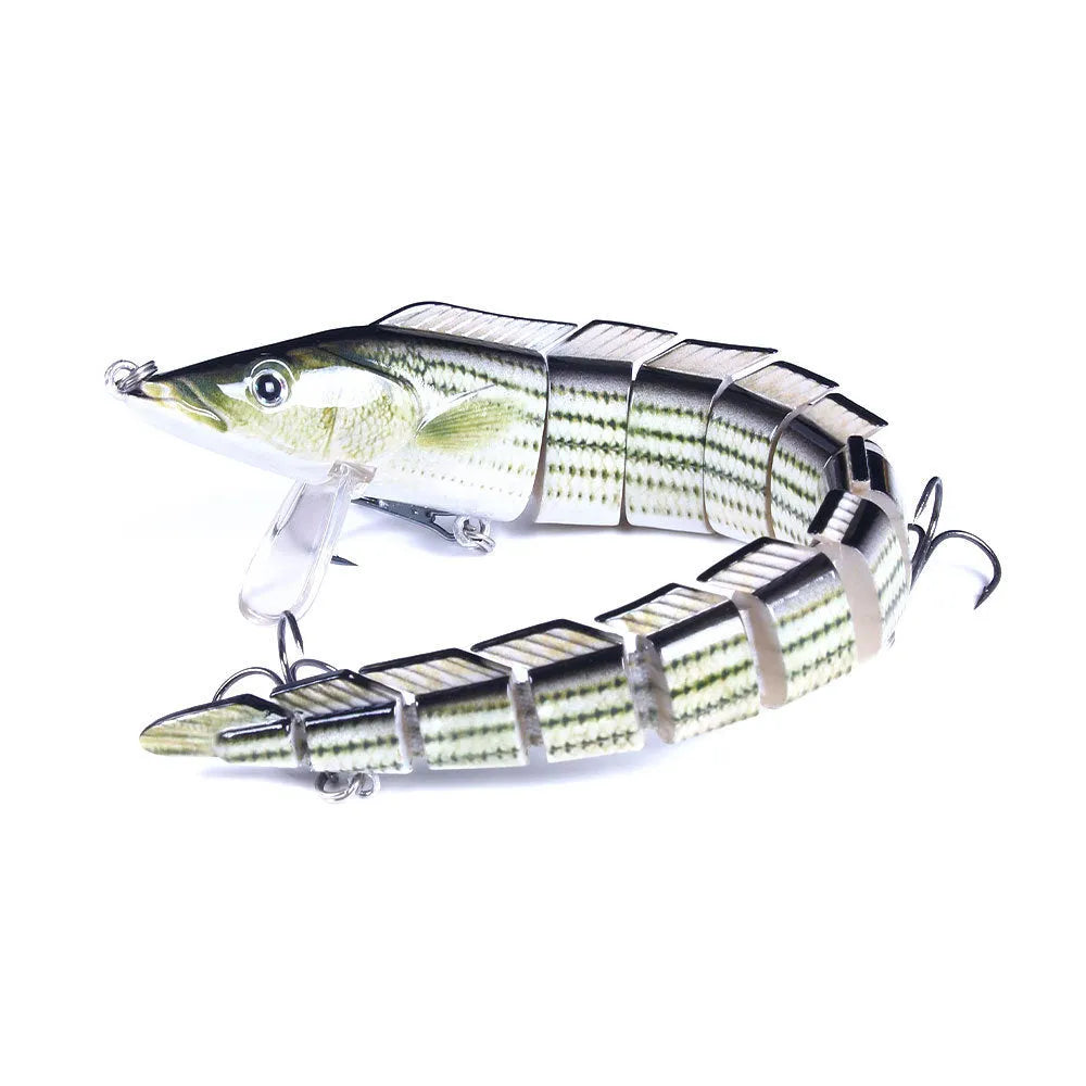 Multi-section simulated loach fishing lure showing segmented body design in one of five colour variations