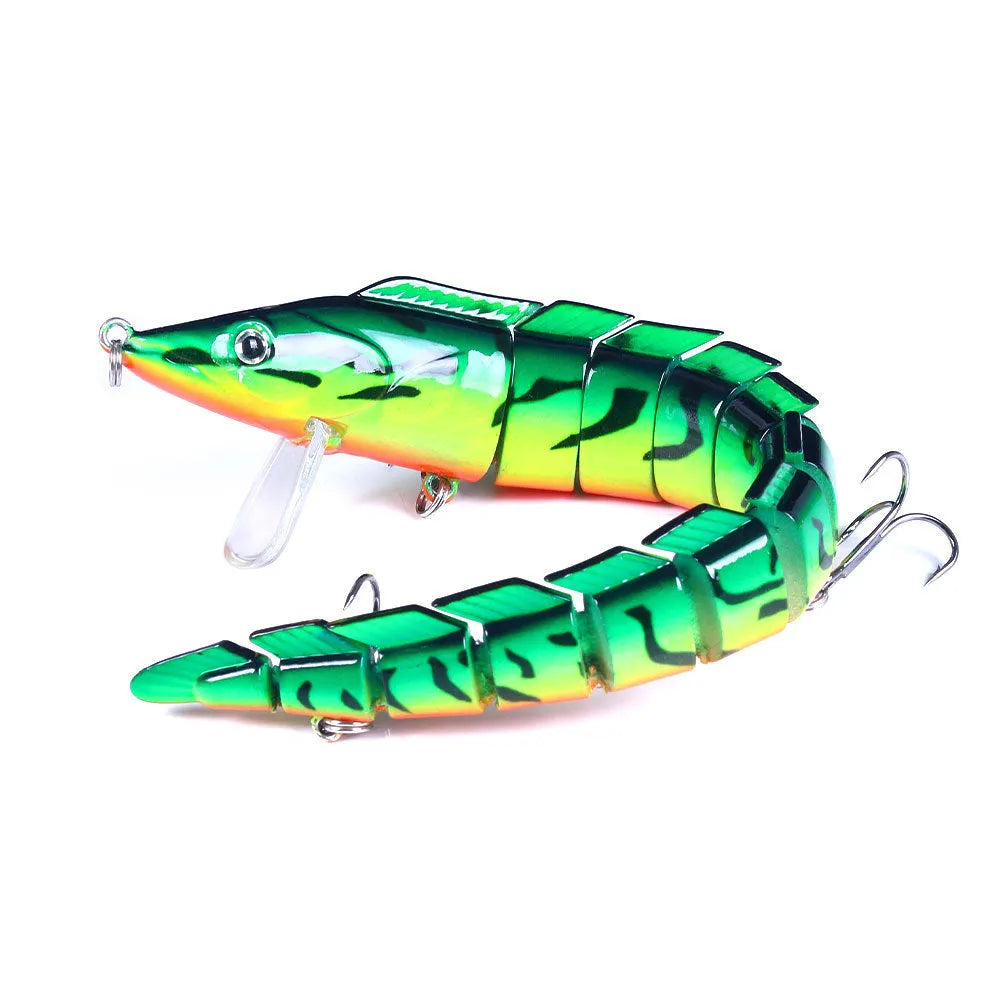 Multi-section simulated loach fishing lure showing segmented body design in one of five colour variations