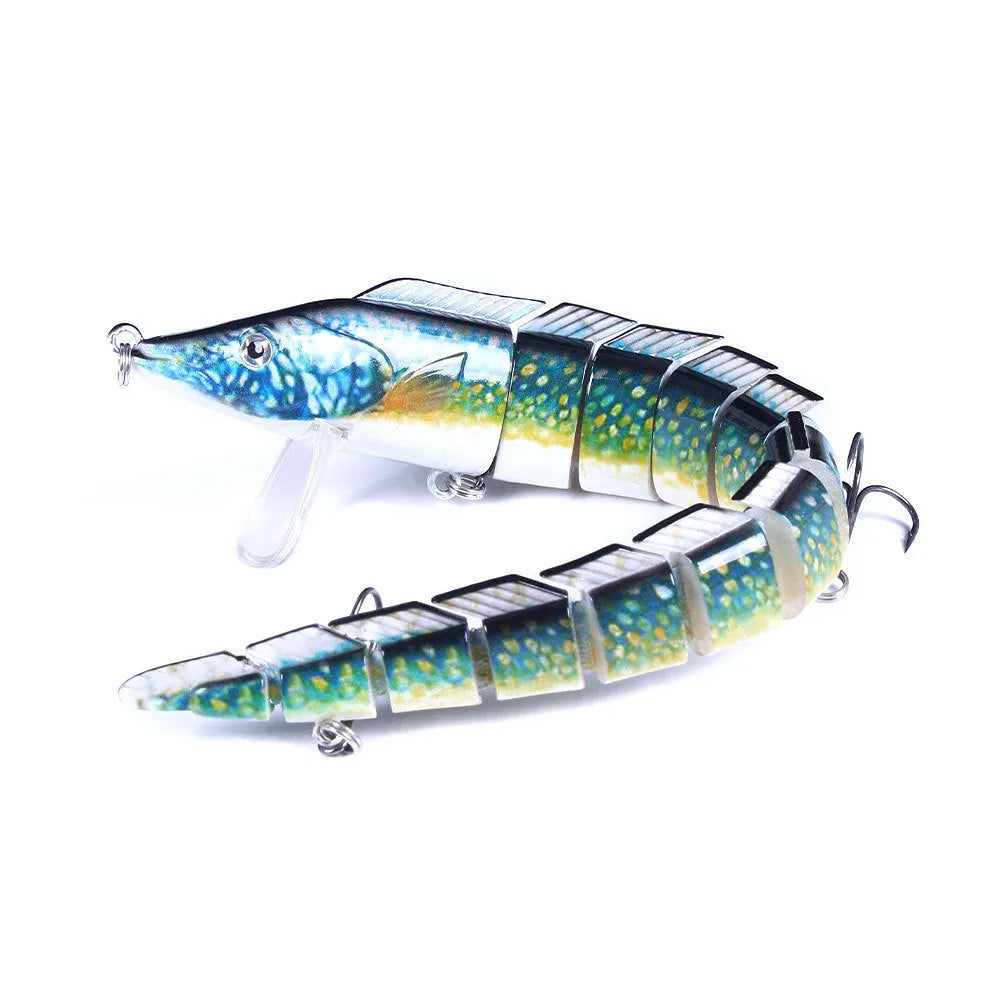 Multi-section simulated loach fishing lure showing segmented body design in one of five colour variations