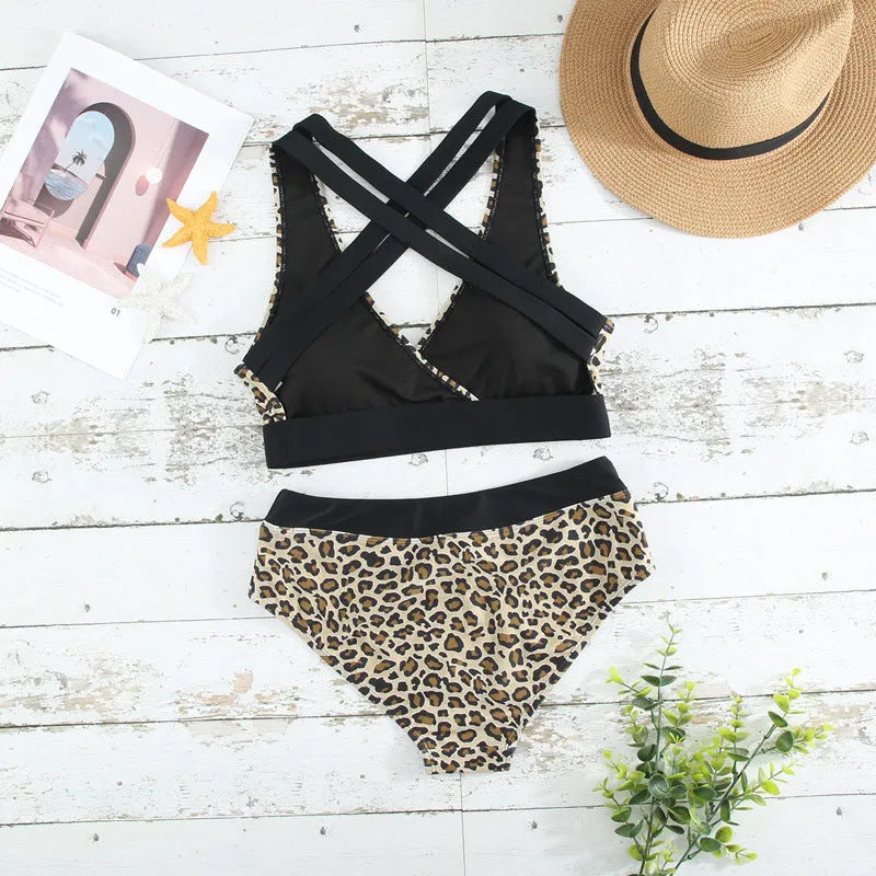 Leopard print cross band bikini swimsuit with V-neck design and adjustable straps