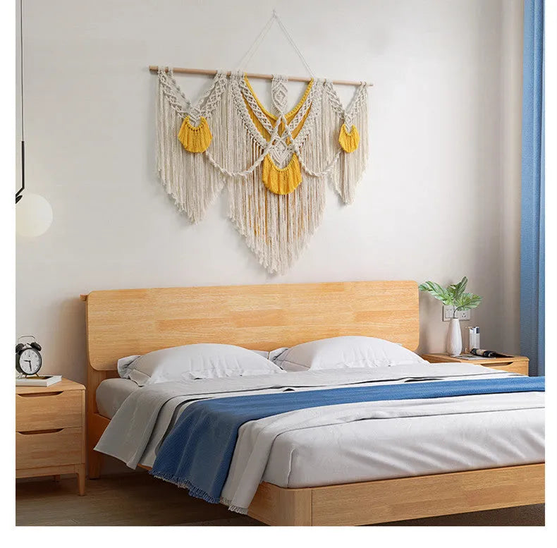 Rectangular creamy white cotton tapestry with colour woven details measuring 120cm by 95cm