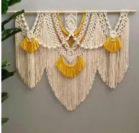 Rectangular creamy white cotton tapestry with colour woven details measuring 120cm by 95cm