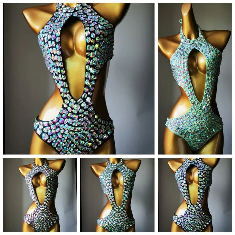 Women's black mesh diamond one-piece swimsuit on a model