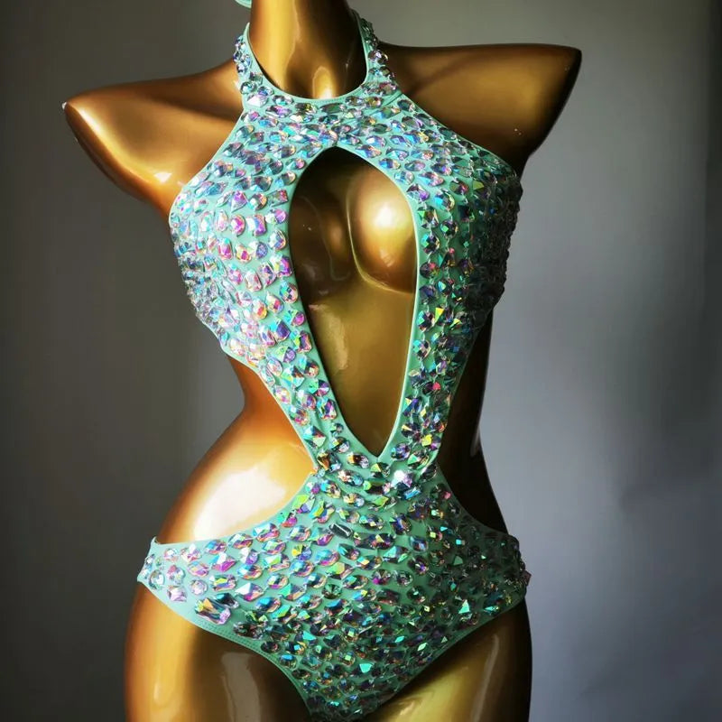 Women's black mesh diamond one-piece swimsuit on a model