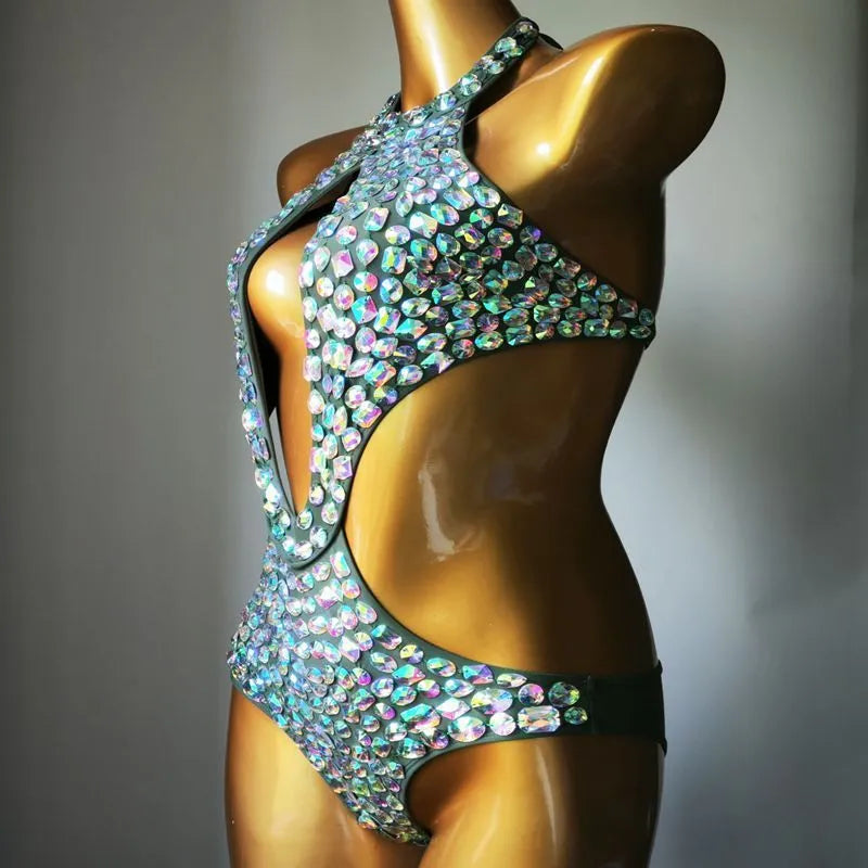 Women's black mesh diamond one-piece swimsuit on a model