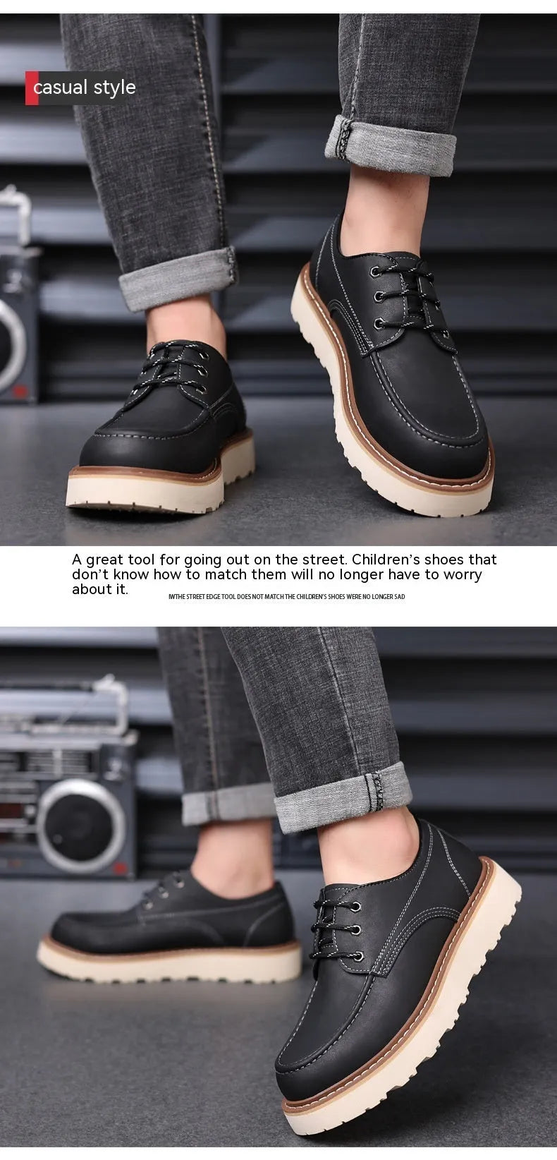 Men's black low-top Martin boots with a rounded toe and a textured rubber sole.