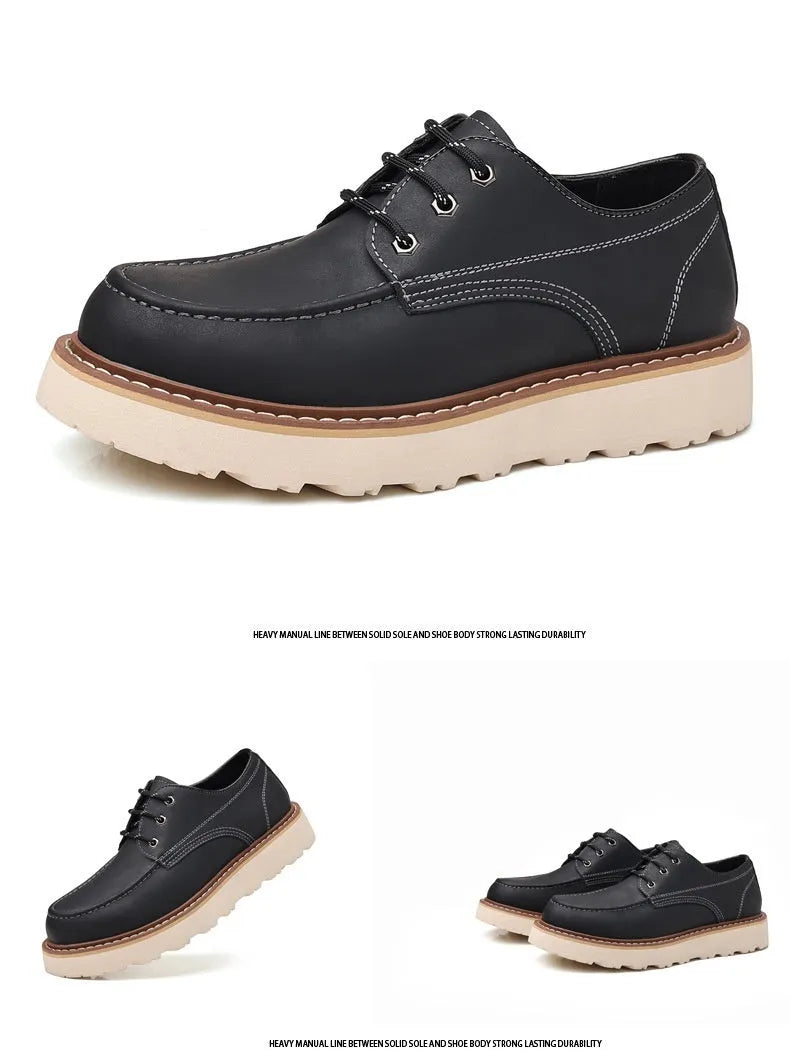 Men's black low-top Martin boots with a rounded toe and a textured rubber sole.