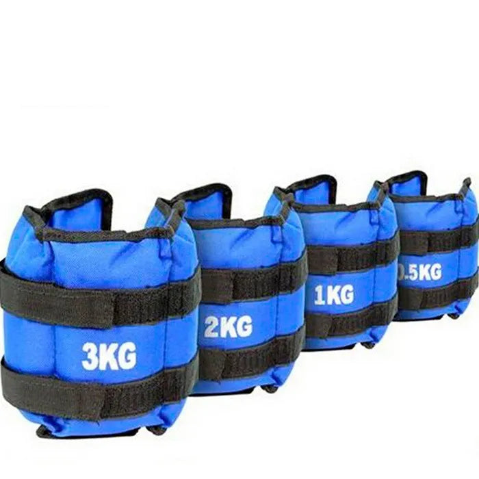 A pair of Oxford cloth legging sandbags for running and athletic training, showing weight options.
