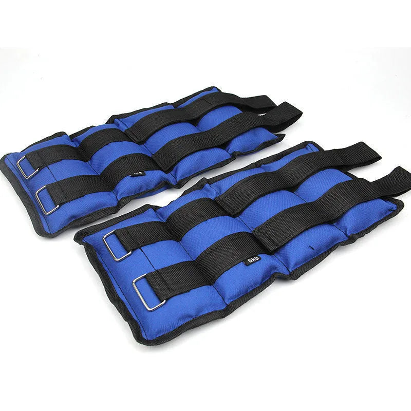 A pair of Oxford cloth legging sandbags for running and athletic training, showing weight options.