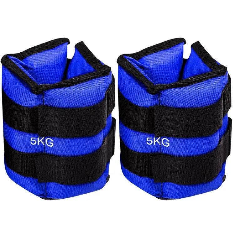 A pair of Oxford cloth legging sandbags for running and athletic training, showing weight options.