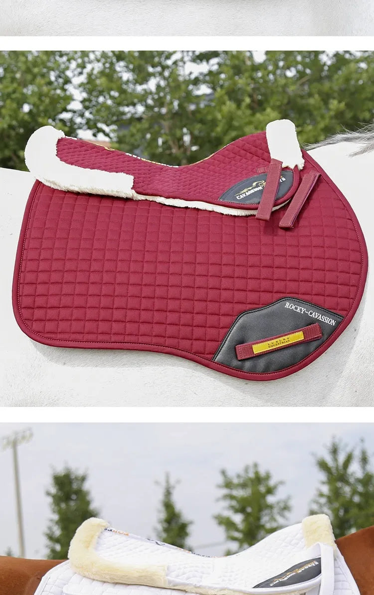 Riding saddle pad for equestrian and cycling with shock absorption and balance features in wine red colour.