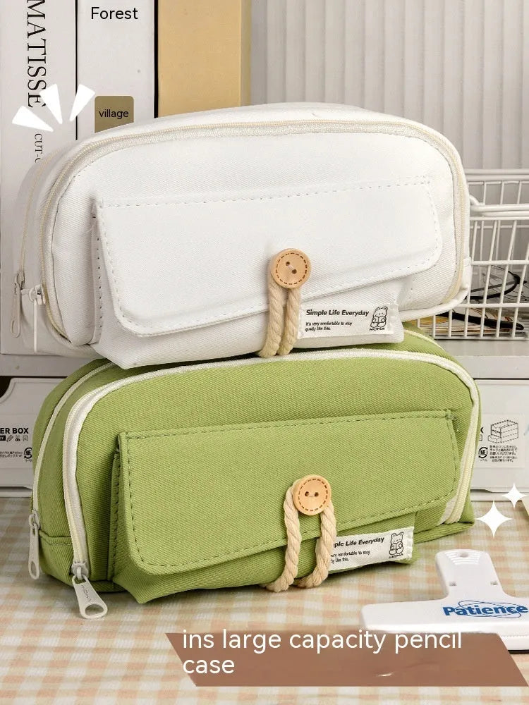 Green canvas pencil case with large capacity for 80 pens, Korean style stationery bag.