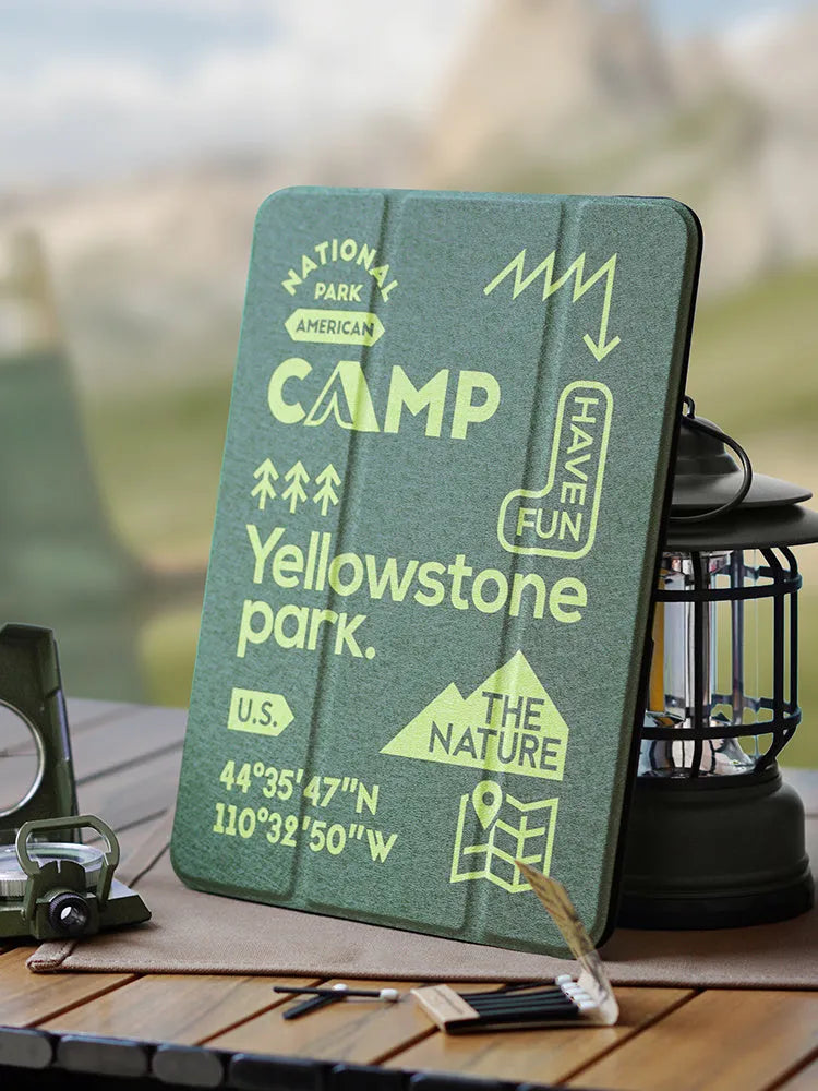 Acrylic tablet case with pen slot, imitation leather front, CAMPING design, fits iPad Air4 Air5 10.9 inch