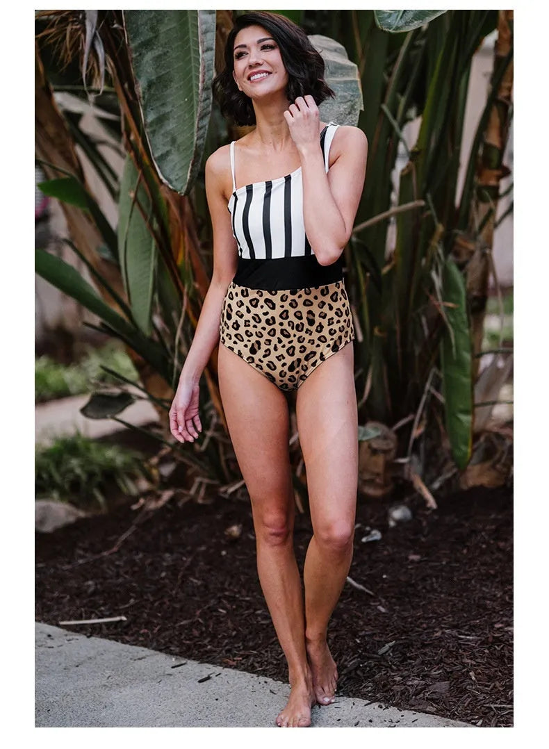 Women's leopard print one-piece swimsuit with asymmetric collar and high-waisted triangle briefs