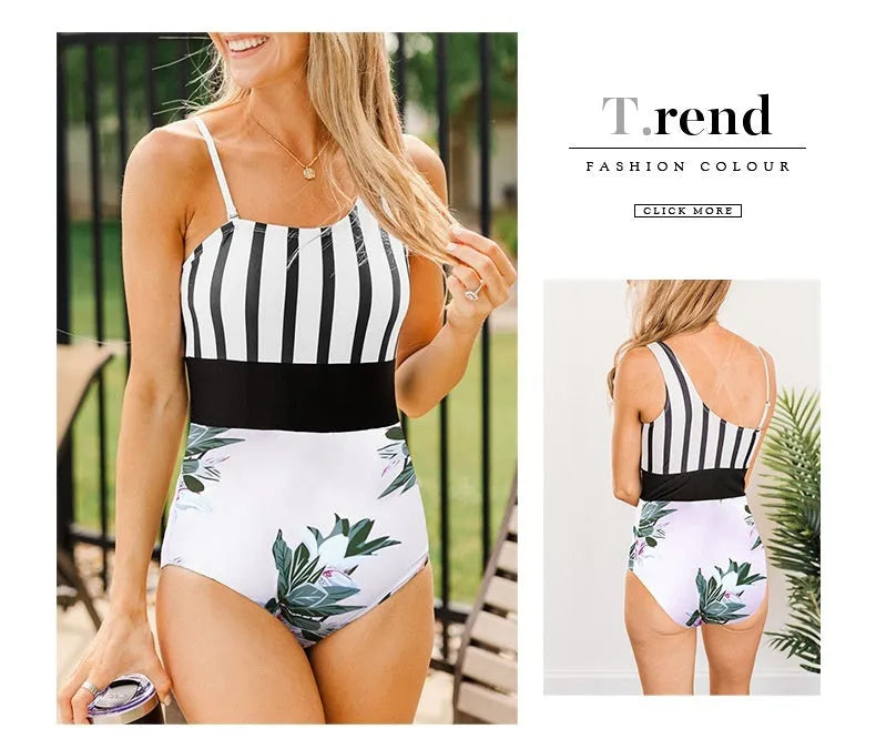 Women's leopard print one-piece swimsuit with asymmetric collar and high-waisted triangle briefs