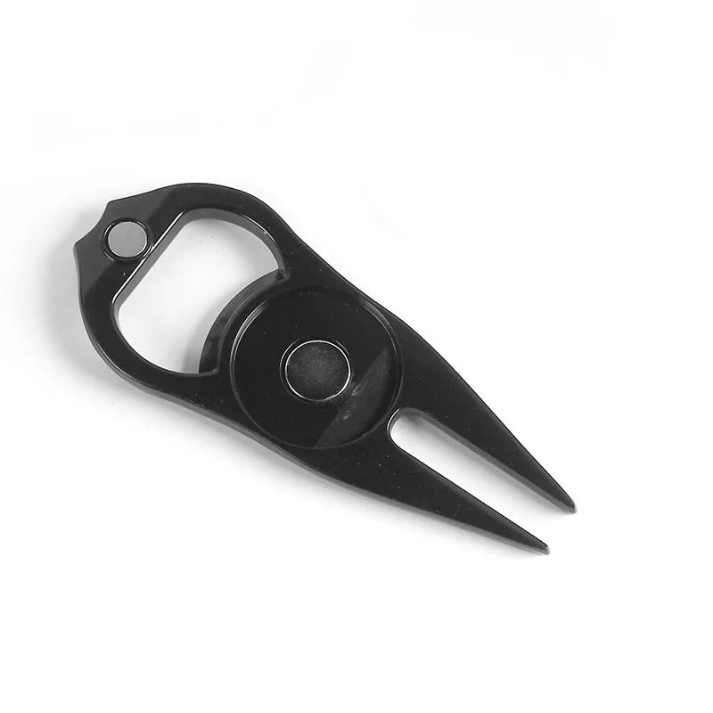 Zinc alloy golf ball fork bottle opener with ball marking yoke measuring 88mm x 35mm