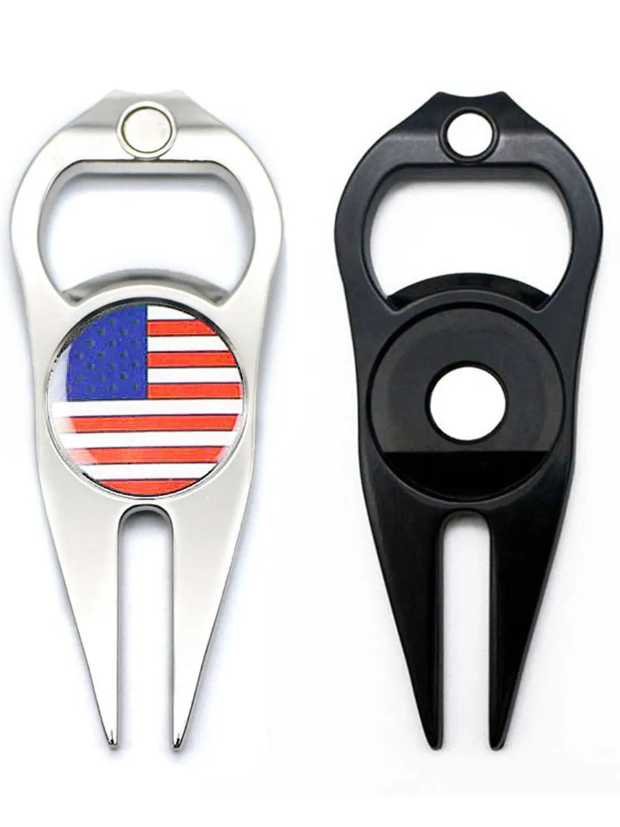 Zinc alloy golf ball fork bottle opener with ball marking yoke measuring 88mm x 35mm