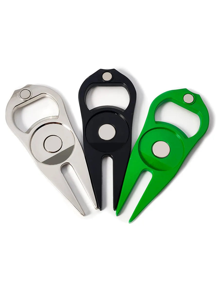 Zinc alloy golf ball fork bottle opener with ball marking yoke measuring 88mm x 35mm