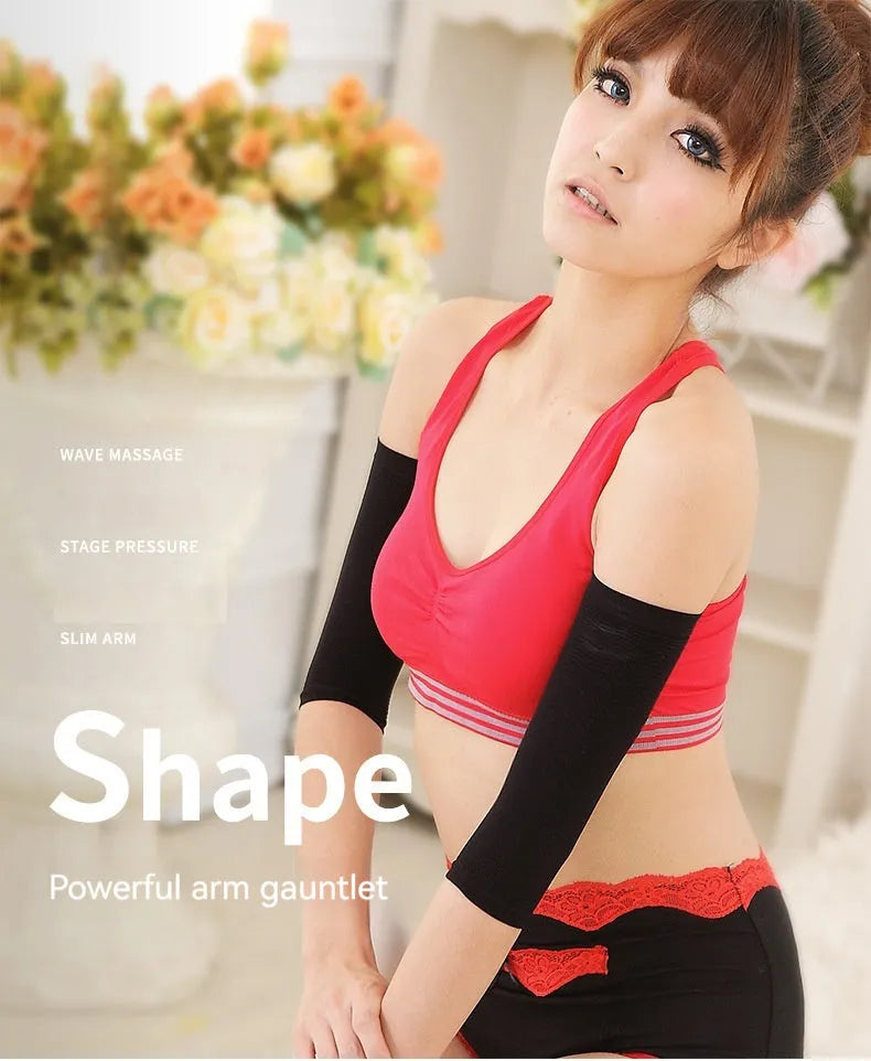Women's black arm sleeves for upper arm shaping and coverage with stretch nylon fabric