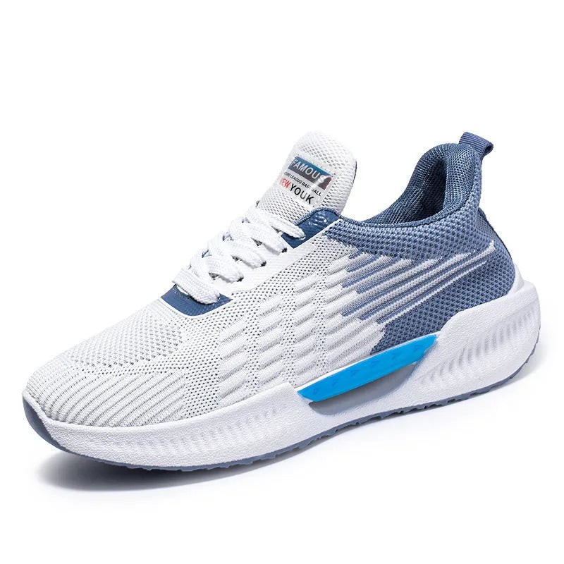 Men's blue casual mesh shoes with cloth upper and round toe design for leisure activities