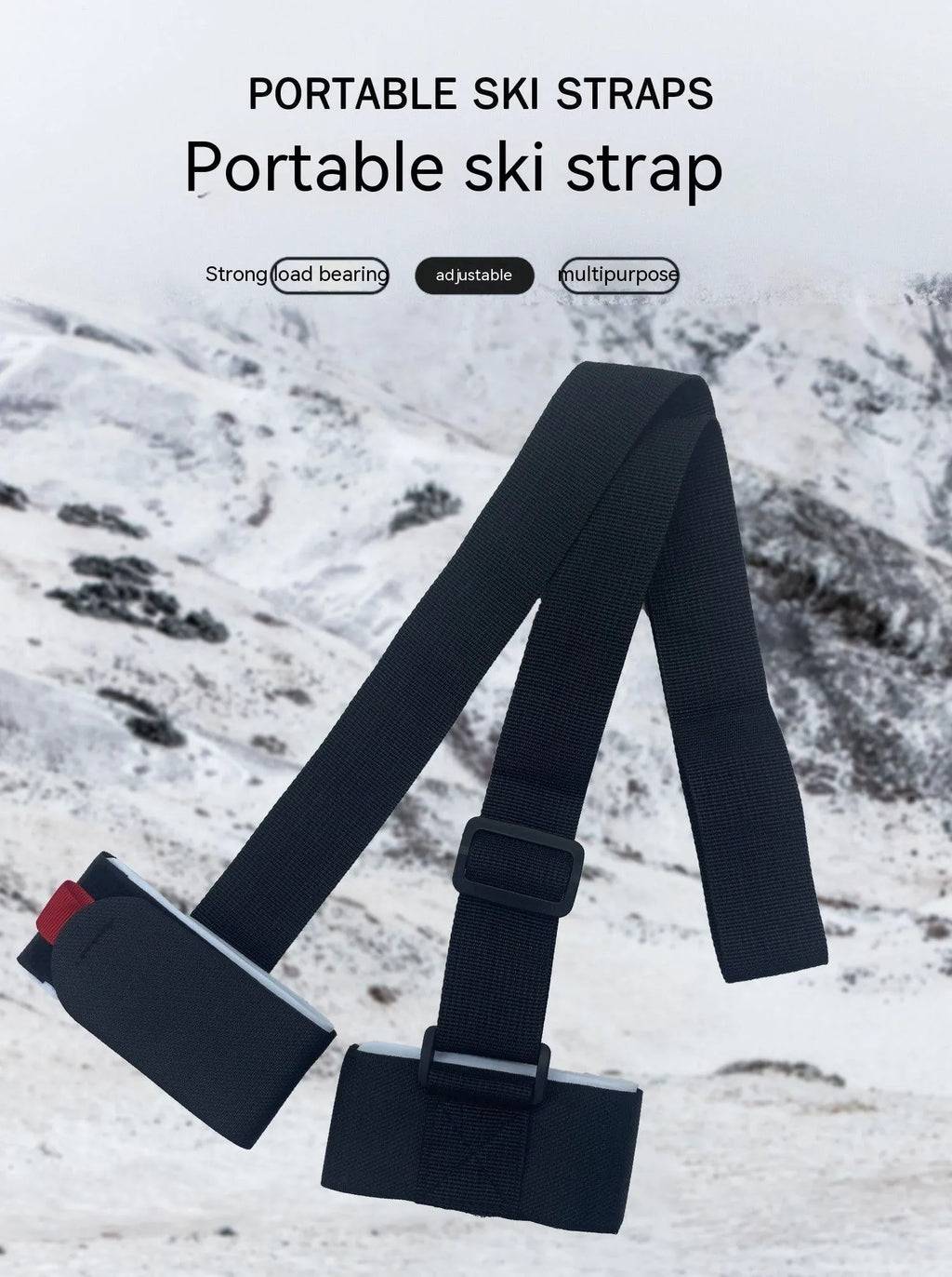 Black skiing bandage with adjustable shoulder strap and hook and loop fastening for equipment transport