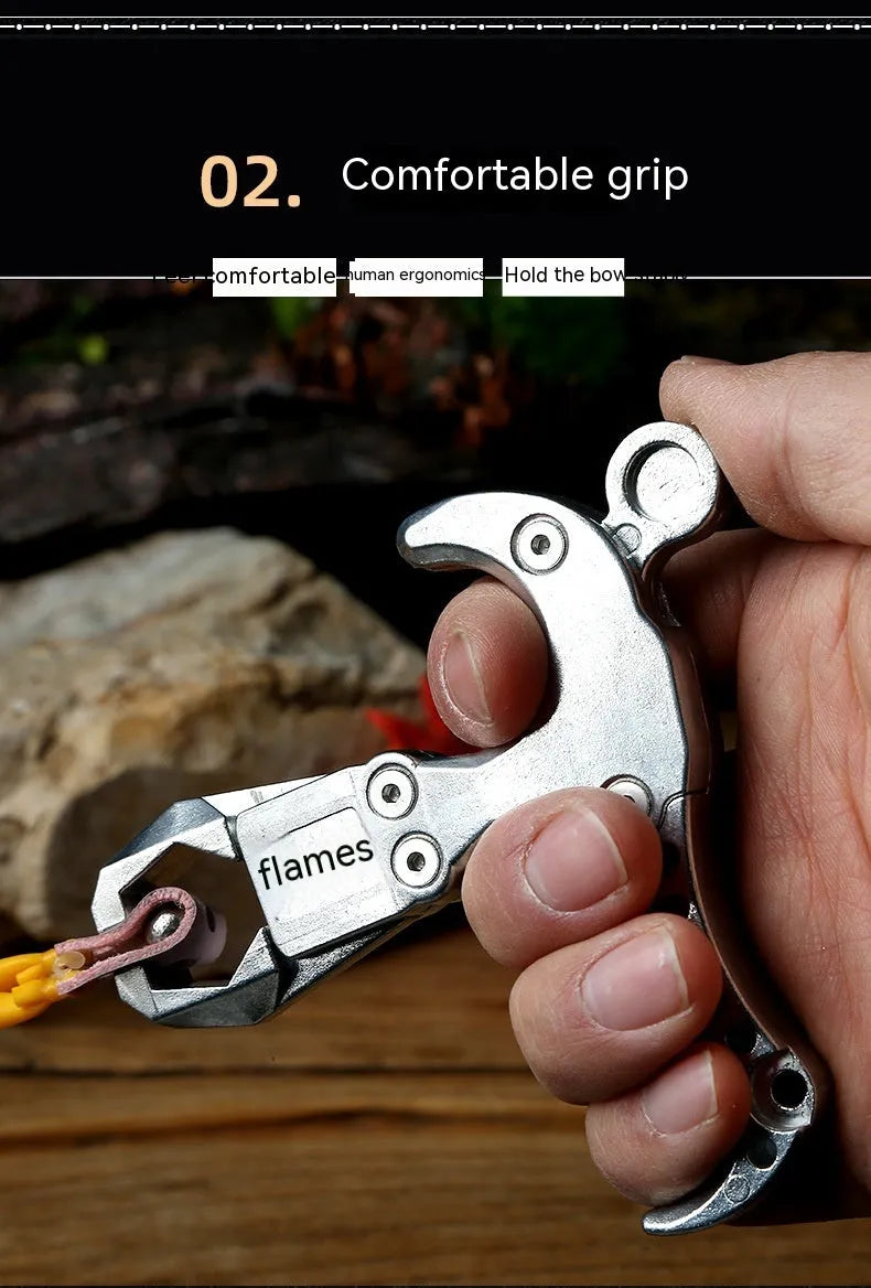 Zinc alloy archery release aid with two-axis mechanism and harpoon clip for flame dispensing
