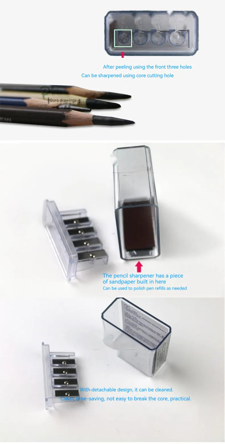 Geometric-shaped plastic pencil sharpener with four holes and a small screwdriver.