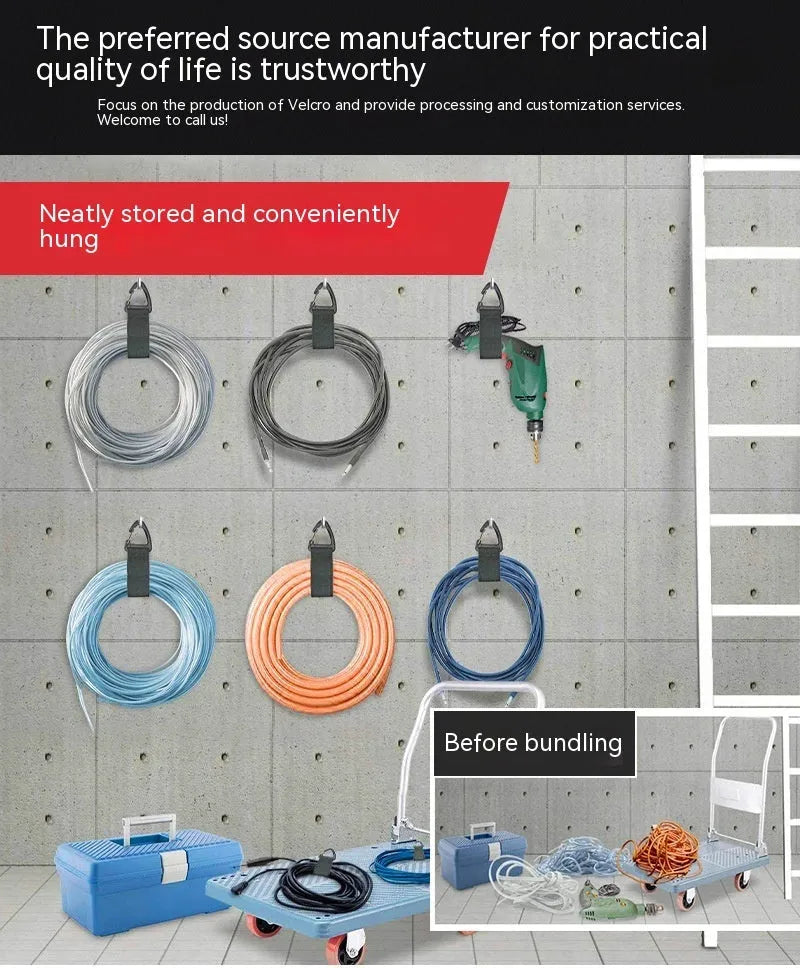 Black climbing button carabiner storage strap showing three size options for garage and outdoor organisation