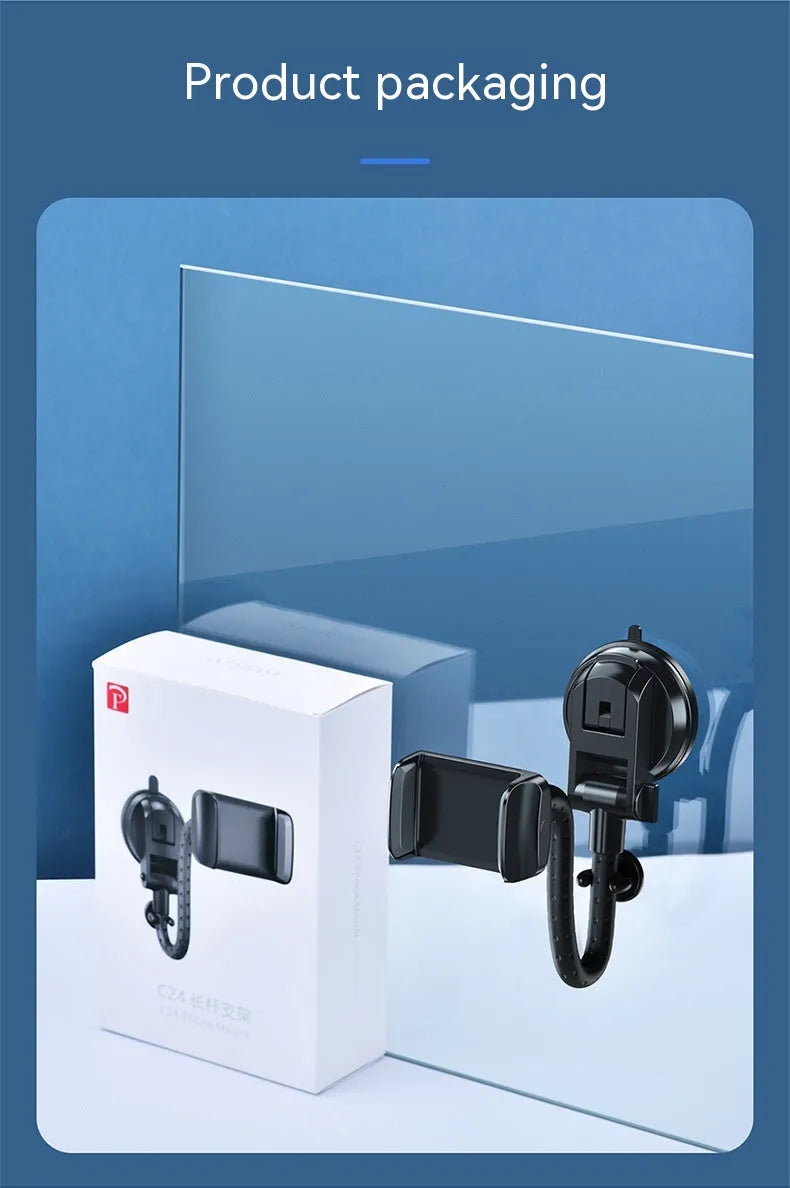 Black universal rotating car mobile phone bracket with metal construction and double supercharged clamp