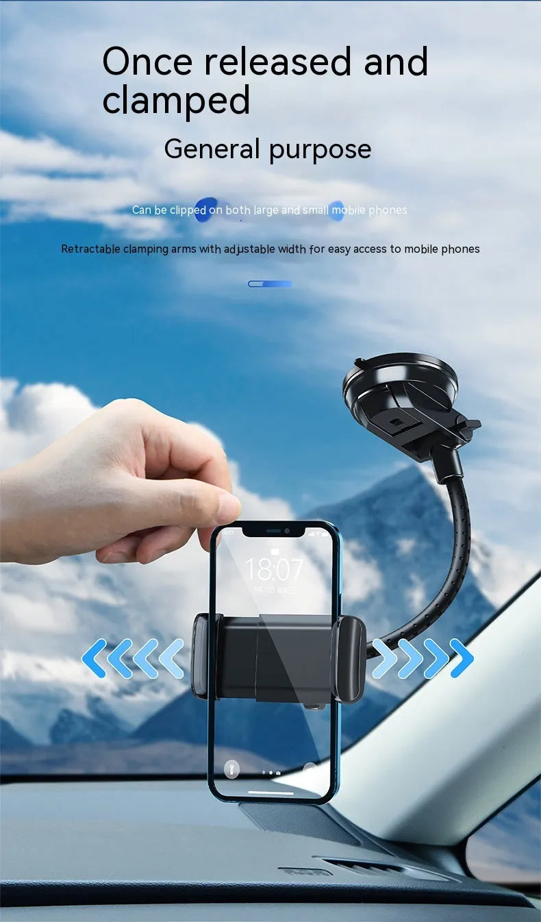Black universal rotating car mobile phone bracket with metal construction and double supercharged clamp
